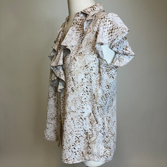 Calvin Klein Snake Print Ruffle Short Sleeve Button Up Blouse Womens Size Small - Picture 6 of 14
